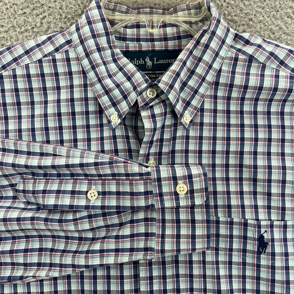RALPH LAUREN Custom Fit Shirt Mens Large Button Windowpane Plaid Long Sleeve